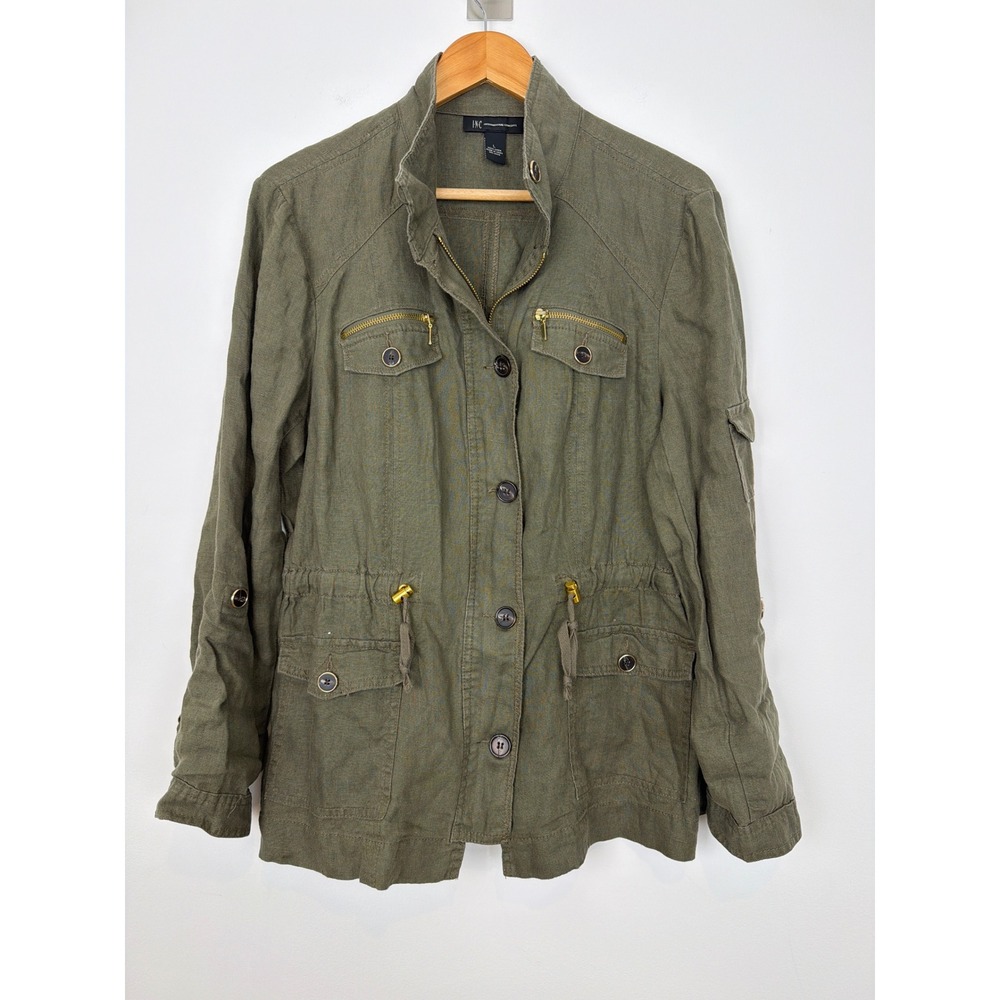INC 100% Linen Utility Jacket Large Olive Green Safari Military Lightweight